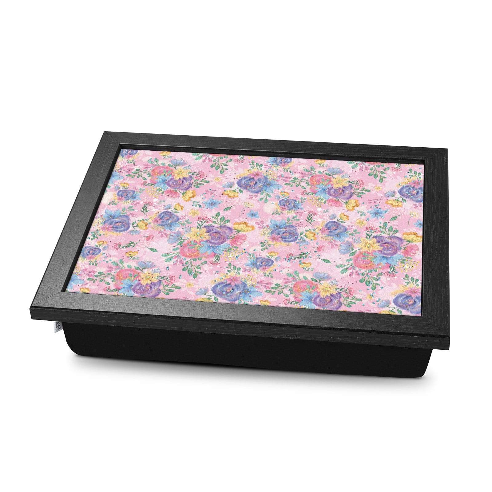 Pink Flowers Lap Tray With Beanbag Cushion Black Frame Lap Trays With Cushion